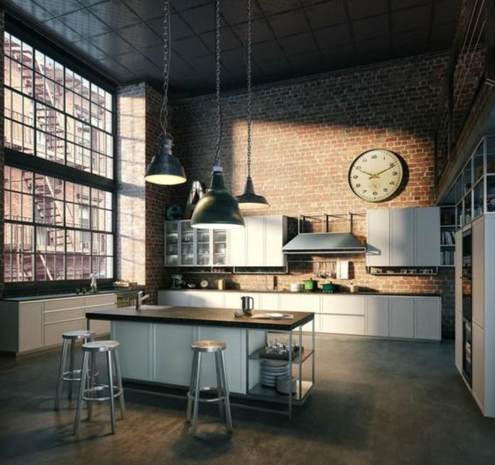 priemyselná-kuchyňa-par-excelentnosť-new-york-loft-style-tehlová stena-priemyselná-závesná-elegantná-kuchynský-nábytok-a-kuchynský ostrov