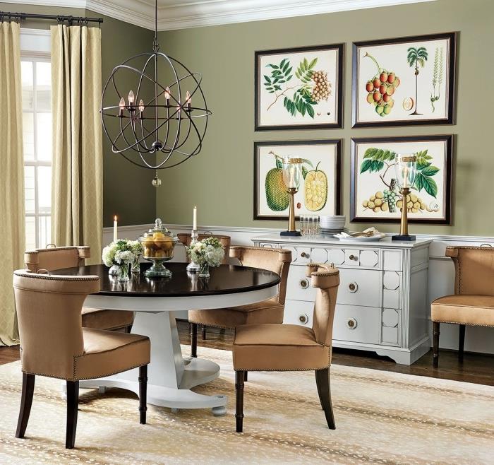 khaki kuchynská dekorácia jedálenský kút jedáleň okrúhly stôl biele a čierne hnedé stoličky