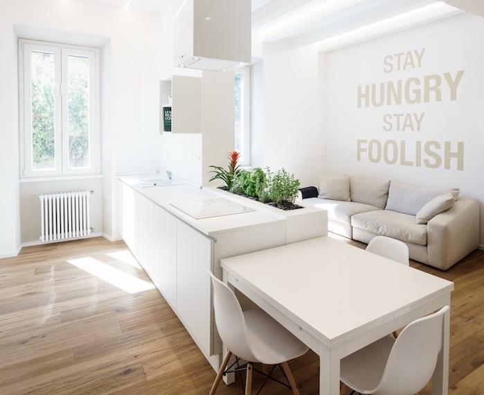 vitt utrustat kök med ljus parkett och intilliggande relaxavdelning, ljusgrå soffa, gröna växter