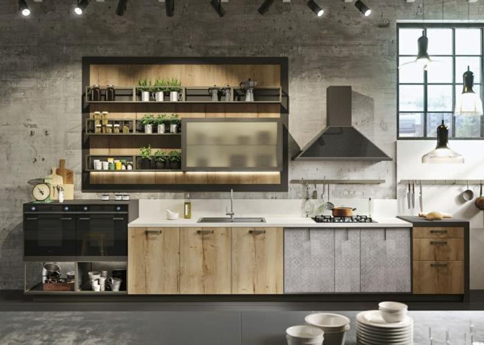 kuchyňa v štýle priemyselného podkrovia, betónová stena, jednoduché skrine, minimalistické dizajnové spotrebiče