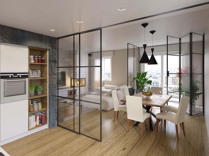 kuchyňa obývacia izba a jedáleň s posuvnou kovovou sklenenou strechou