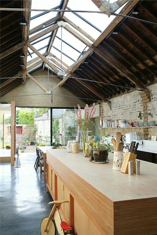 kuchyňa-obývacia izba-sklenená strecha-pod svahom-kvety-bar-posuvné dvere