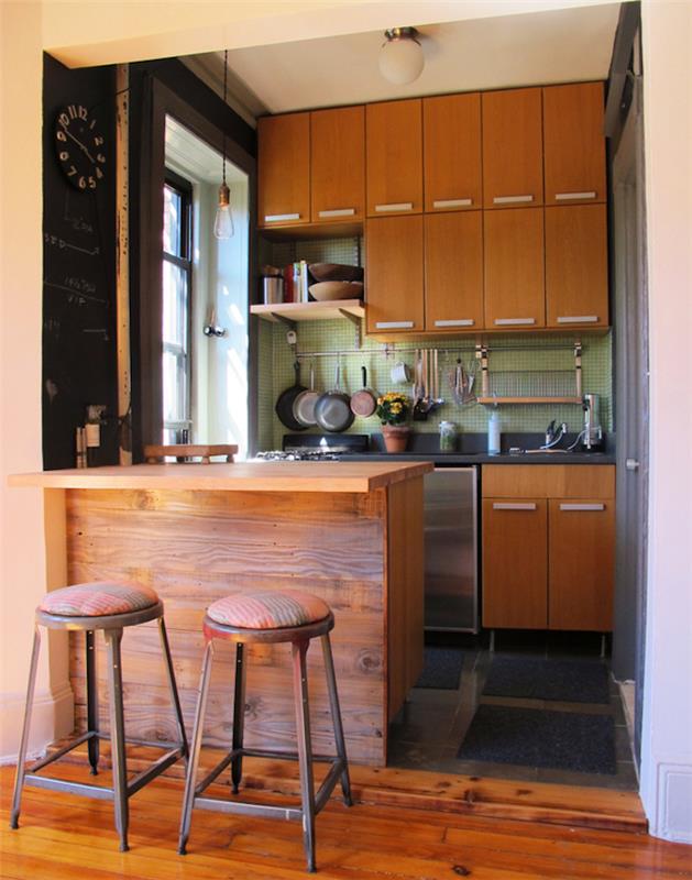 ديكور مطبخ صغير مفتوح مع بار خشبي صغير