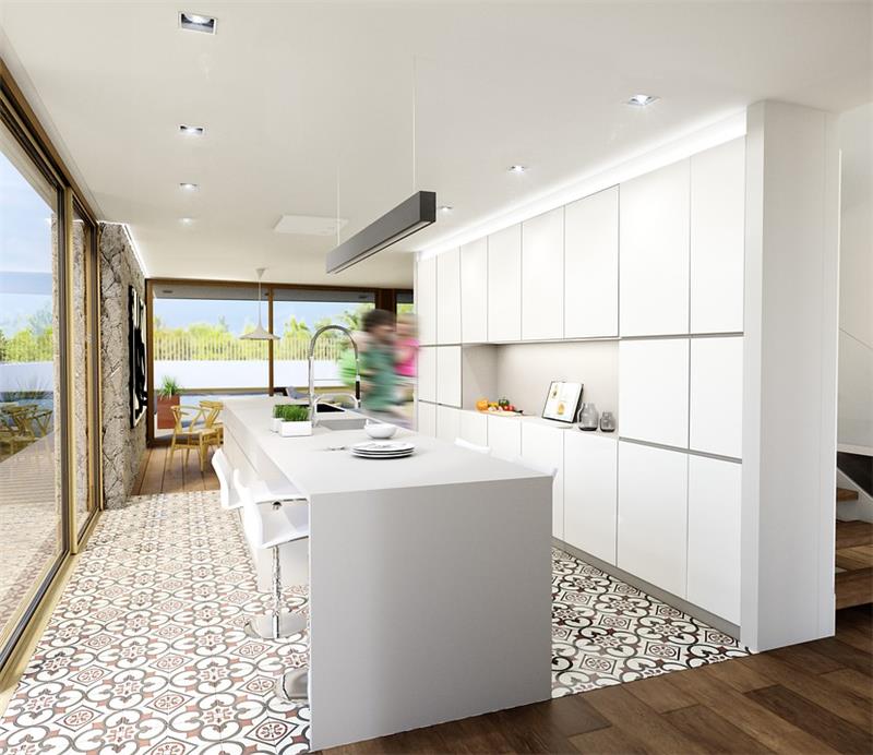 biela kuchynská skrinka a elegantný štýl centrálneho ostrova v trendovej kuchyni, originálne kvetinové vzory na dlažbe, trendy v kuchyni 2018