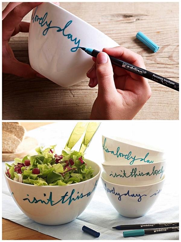 píšte na misky s porcelánovým filcom, nápady na personalizáciu bieleho riadu