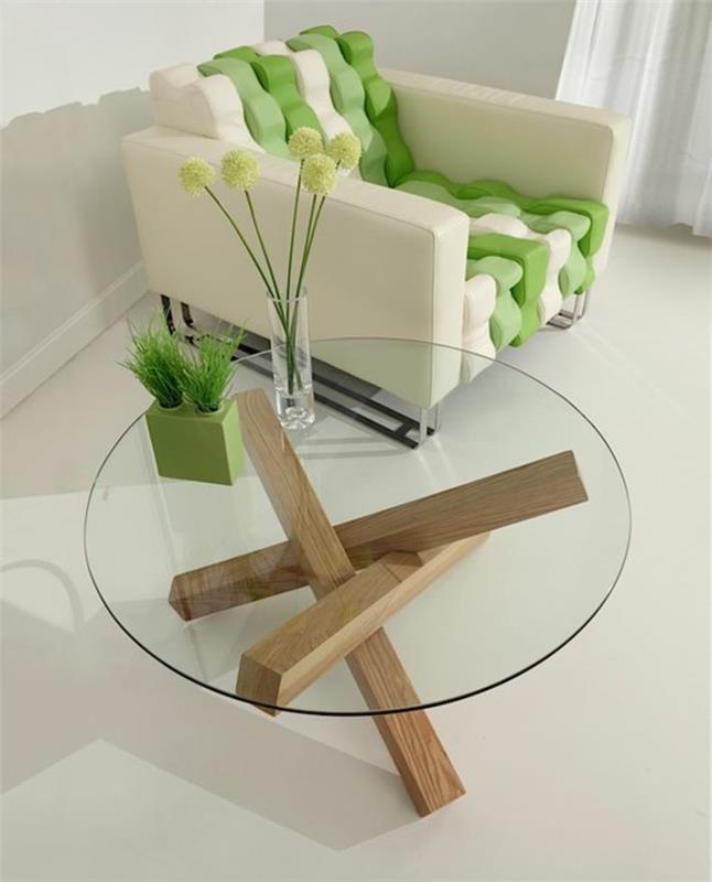 ako premaľovať drevenú skrinku, okrúhly stôl so sklenenou doskou, sklenenú vázu, podstavec zložený z troch trámov zo svetlého dreva