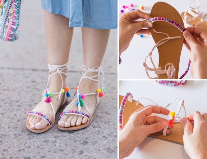 kreatívna činnosť, príklad toho, ako ozdobiť dámske ploché sandále pomponmi, personalizované sandále na mieru