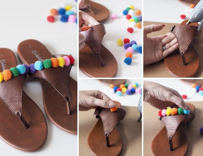 návod, ako si prispôsobiť sandále, model sandále na leto 2019, kroky, ako postupovať, aby ste na letnú obuv nalepili pompony