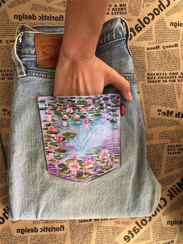 prispôsobiť oblečenie, ako maľovať na vrecká jednoduchých technických džínsov