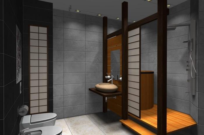 moderný dizajn v kúpeľni so sivými stenami s drevenými akcentmi, malý dekor kúpeľne s japonskou vaňou