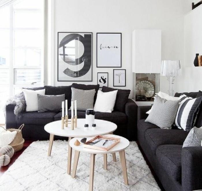 inramad hängkonst, vita soffbord i trä, grå soffor, bästa färgen för vardagsrumsväggar, vit matta