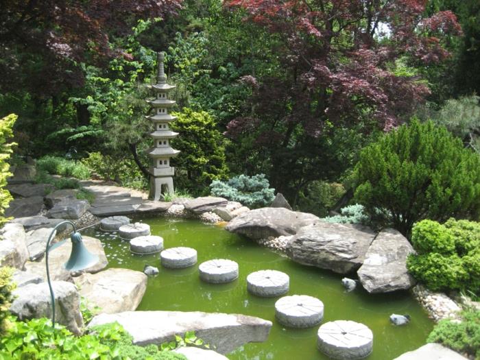 فكرة amengament حديقة zen اليابانية ، مسار حجري في بركة ماء ، تمثال معبد ياباني ، أشجار وشجيرات