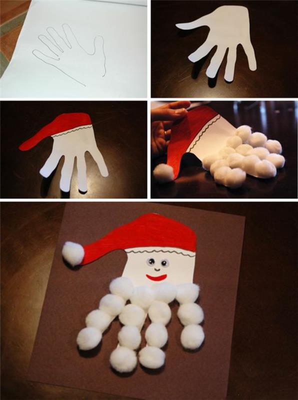 Vianočná dekorácia, ktorá vám pomôže urobiť si pohodlie, v tvare bielej lepenkovej ruky a bielych pomponov na výrobu brady