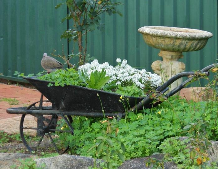 gammal sten trädgård fontän, metall skottkärra, kreativ trädgård landskapsarkitektur