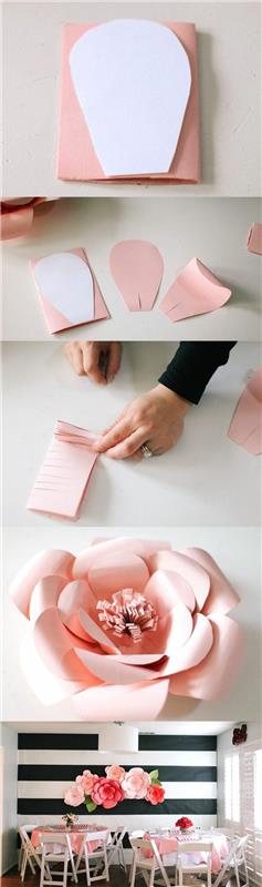 väggdekoration att göra själv, dekoration i rosa och vitt vikt papper att placera på väggen