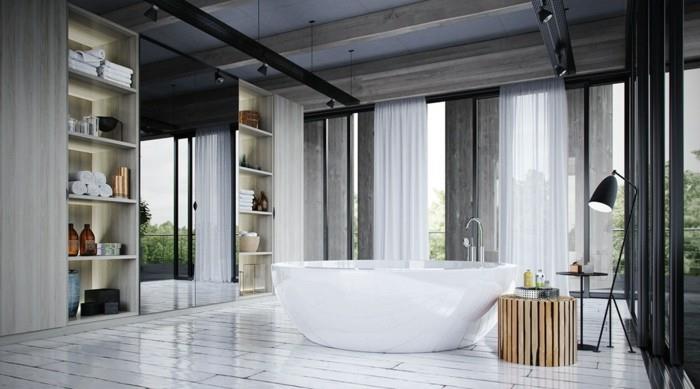 deco-kúpeľňa-veľký-úložný-nábytok-voľne stojaca-vaňa-v-strede-dekor-v-bielo-šedej