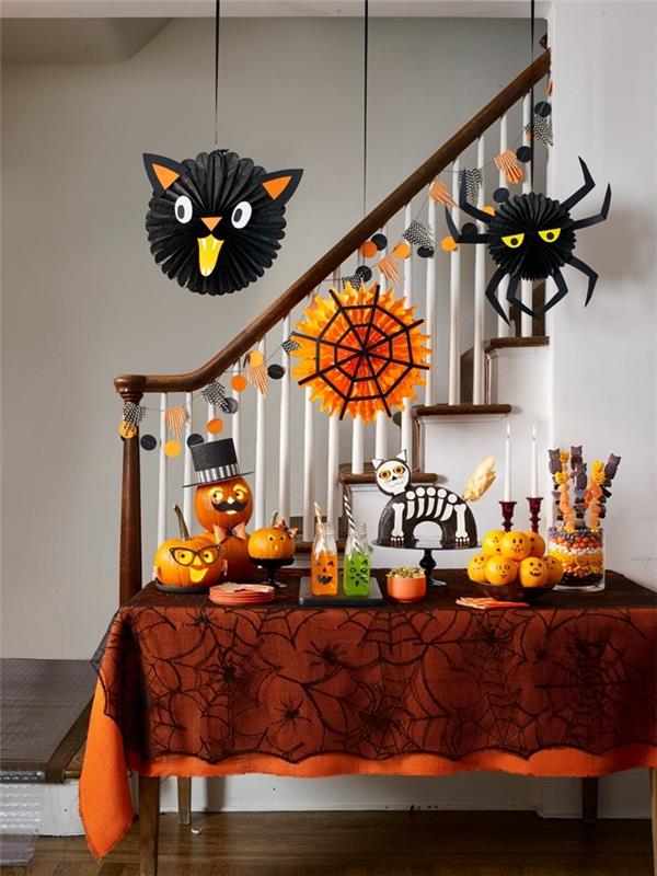 halloween dekorácie stola pavučina dekorácie stolu ľahký krepový papier tekvica čierny papier pavúk čierna mačka