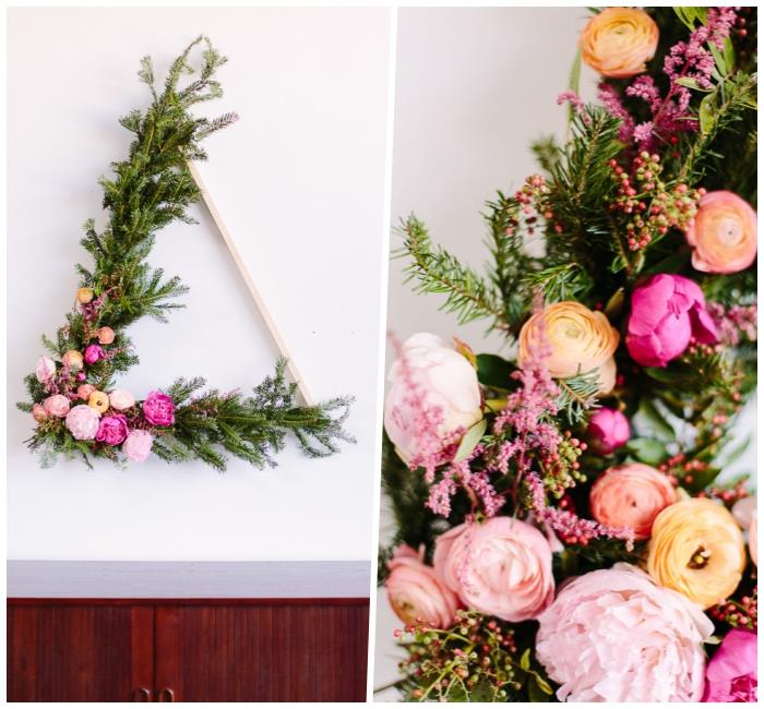 DIY -inredning, triangel att hänga på väggen, dekorerad med blommor, DIY -väggdekor
