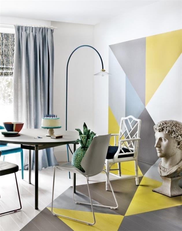 trend dekorácie interiéru geometrický obraz biela stolička stojacia lampa sivé záclony čierne farby na stôl