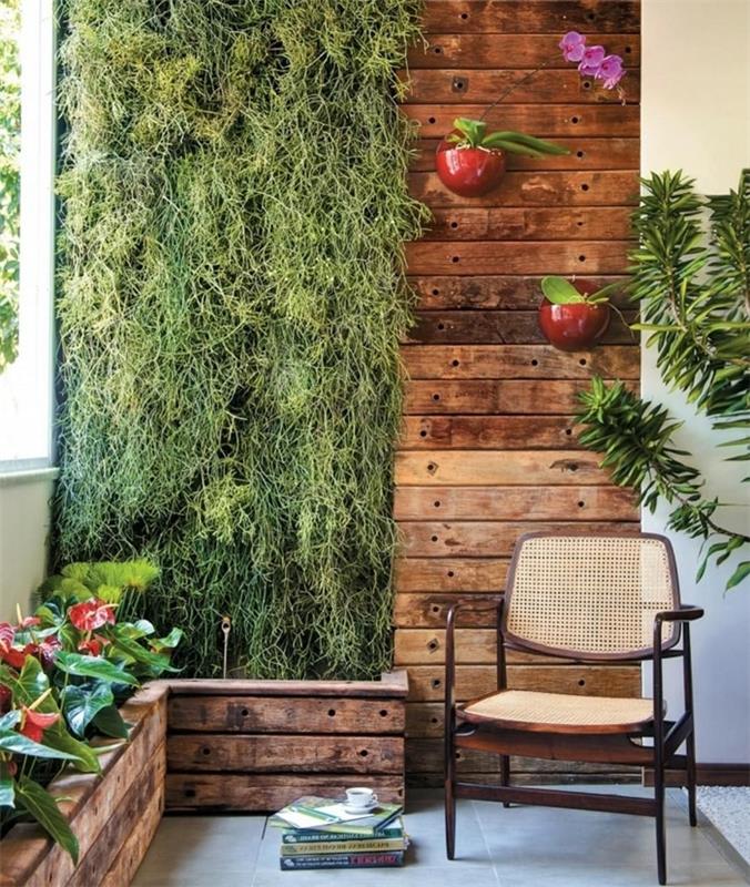 trä väggpanel dekoration klätterväxter vatten stol trä yttre grön vägg på trådnät