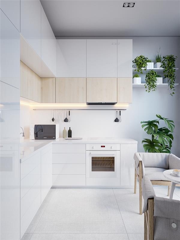 malá otvorená kuchynská dekorácia svetlo šedá farba zelené rastliny biela vybavená kuchynský drevený nábytok