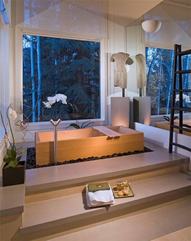 ako zariadiť malú kúpeľňu v japonskom štýle, model japonskej drevenej vane na zenovej záhrade