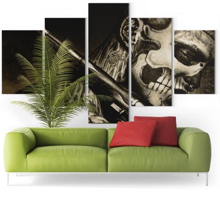 obývačka dekorácia poznámka postava dekoratívna nástenná maľba lebka pohovka zelená rastlina palma izbový