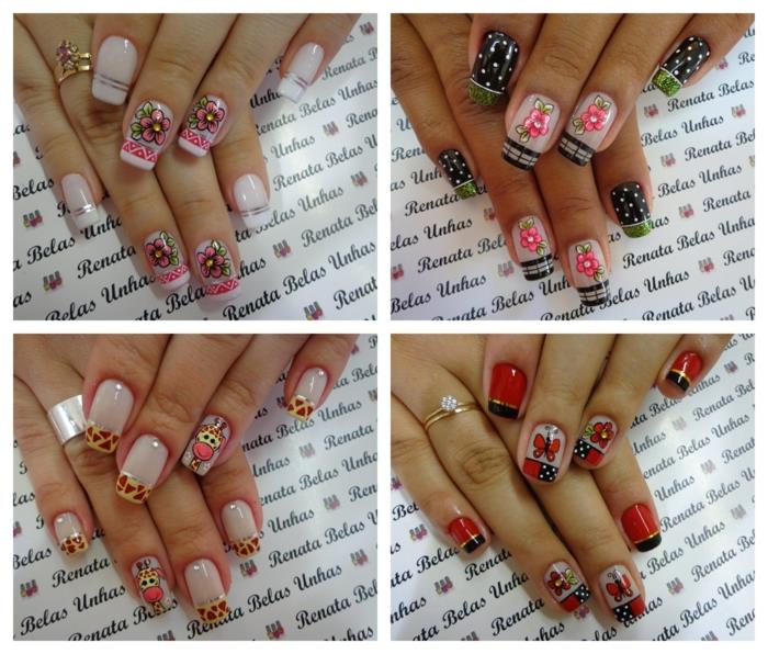 blommig nageldekoration och nageldekoration med djurmönster, prickar, tejpband