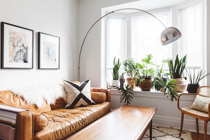 okenný parapet zdobený exotickými zelenými rastlinami, moderná výzdoba obývačky v hnedej koženej sedačke, konferenčný stolík z dreva