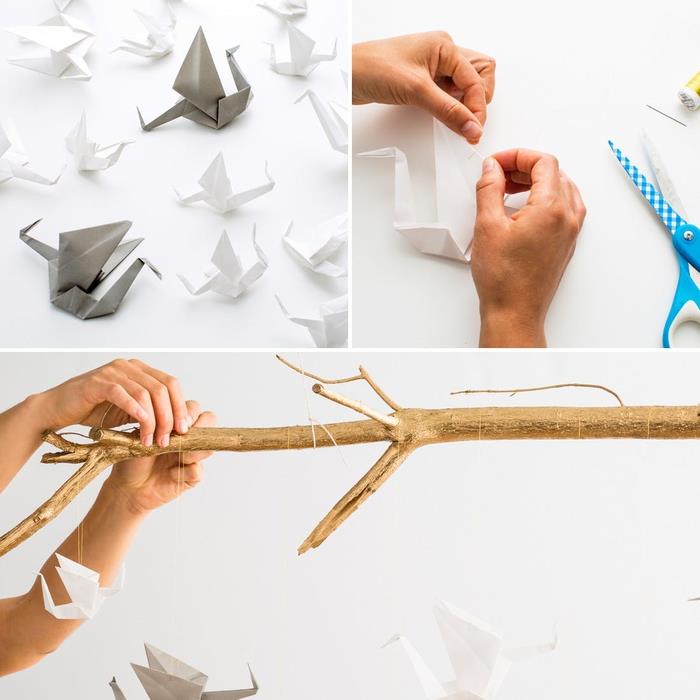 originálny dekoratívny nápad s tradičnými origami žeriavmi visiacimi z vetvy, ľahko vyrobiteľná origami dekorácia