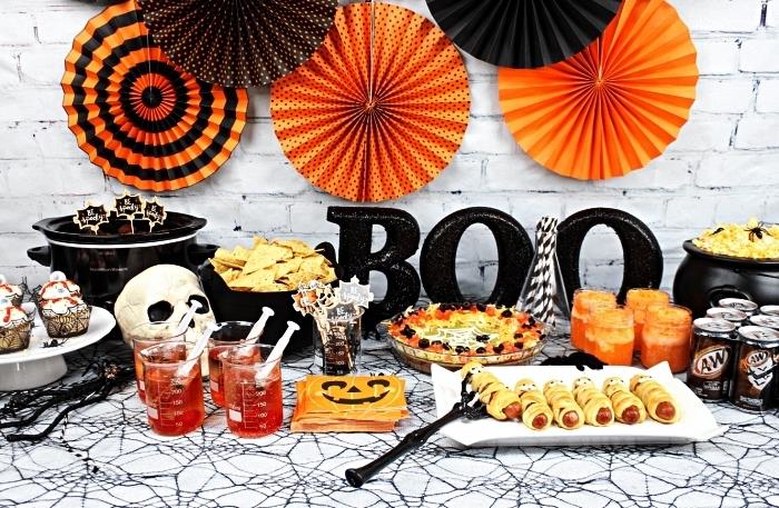 nápady receptov na ľahký halloweensky aperitív, strašidelnú výzdobu stola v čiernej, oranžovej a bielej farbe