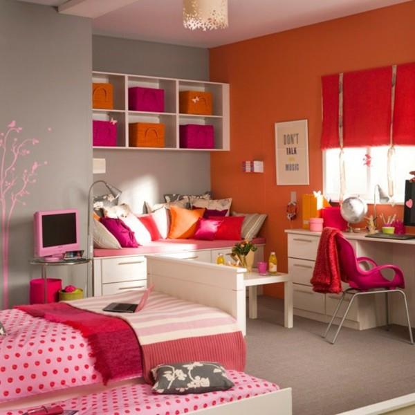 ديكورات غرف نوم بنات باللون الاحمر والبرتقالي