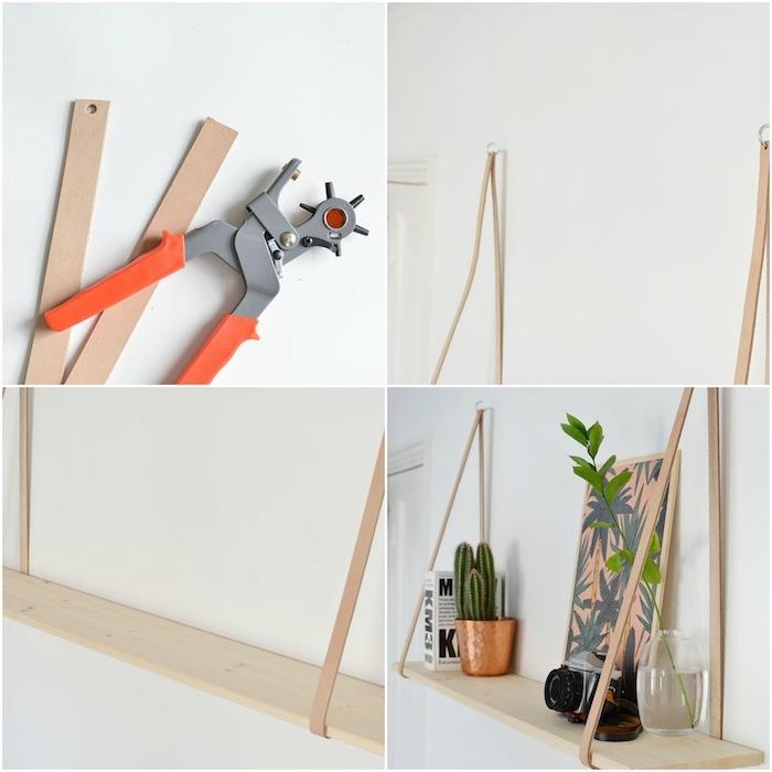 träväggshylla som hänger i läderband, DIY -förvaring att göra själv, sovrumsdekoration