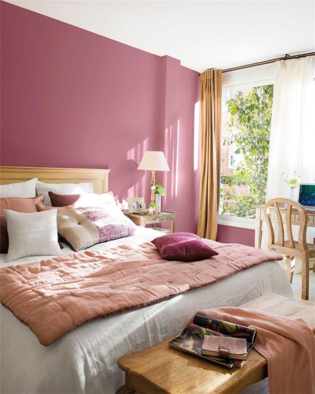 väggfärg för sovrum, tjej sovrum väggfärg i rosa med vitt tak, sovrumsmöbler med trämöbler