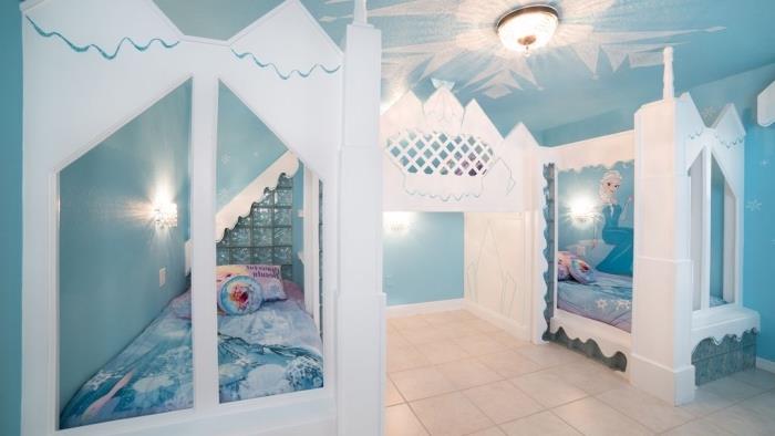 Spálňa Snow Queen, osvetlenie škôlky inšpirované mrazom, dekoratívne vankúše so vzorom Elsa