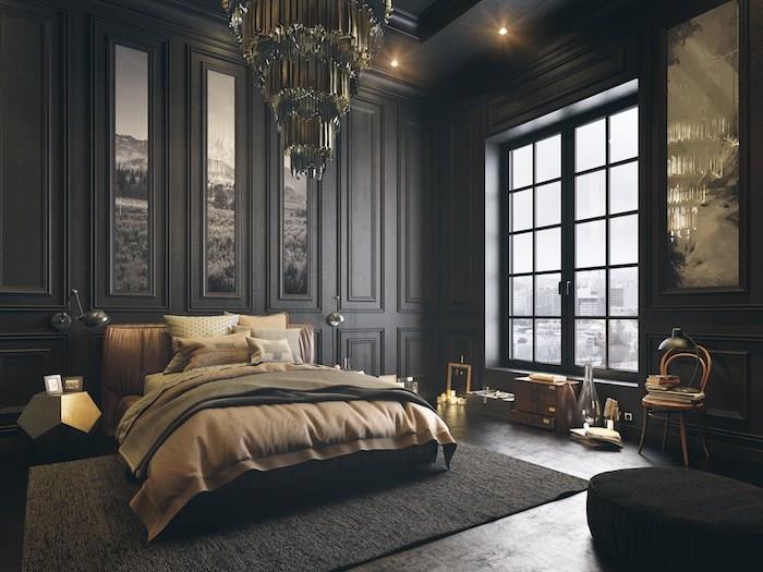 výzdoba spálne pre dospelých v tmavých farbách, čierne steny, béžová a sivá posteľná bielizeň, závesné svetlo v originálnom dizajne, akcenty v štýle vintage