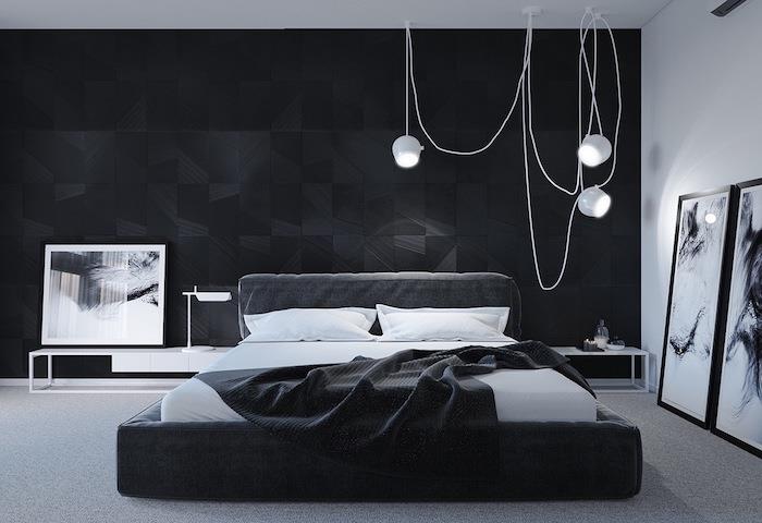 výzdoba hlavnej spálne, sivá a čierna akcentovaná stena, šedá posteľ s bielou a sivou posteľnou bielizňou, dekorácia grafického dizajnu