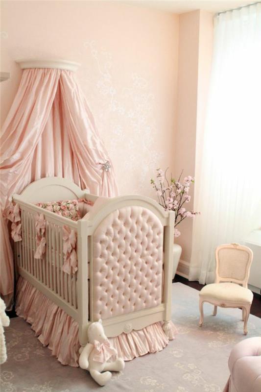 ديكور غرفة نوم رومانسية ، مظلة سرير وردية ، طلاء جدران وردي ، سجادة رمادية فاتحة