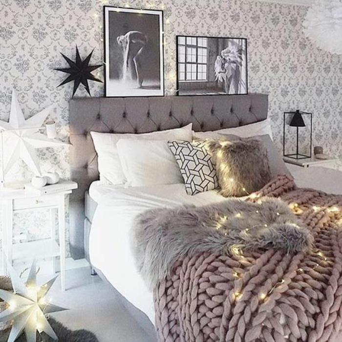 ديكورات غرف نوم رومانسية ، ورق حائط رمادي وابيض ، لوح رأسي مبطن ، صور فنية