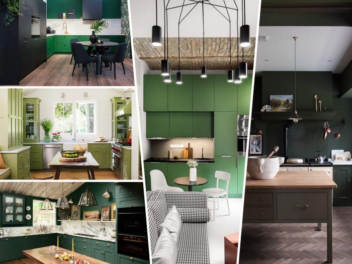 فكرة مطبخ ديكو باللون الأخضر اللوزي ، تصميم مطبخ على شكل حرف L مع باركيه من الخشب الداكن مع ظهر رخامي وخزانة أمامية باللون الأخضر