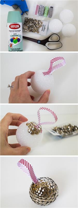 Vianočná dekorácia, aby ste si to uľahčili, lopta na zavesenie na stromček, vyrobená z bielej špongie a metalických klincov, červeno -biela pásikavá stuha, závesná dekorácia