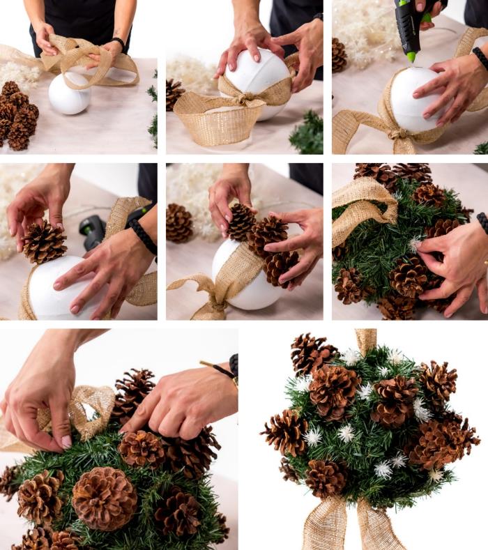 handledning med stegen för att göra en vacker dekorativ julhänglampa i tallkottar och beige band