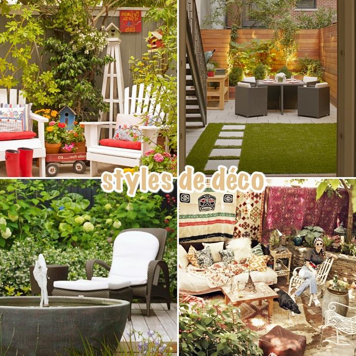 upravená záhrada pre obmedzený priestor, čierny model pletenej stoličky s bielym poťahom na záhradu, zenová dekorácia s fontánou do záhrady