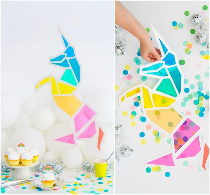 ett unicorn deco-glasmålning med färgglada geometriska mönster perfekt för att dekorera din söta buffé med enhörningstema
