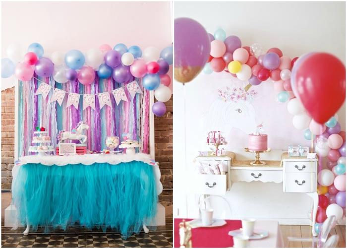 hur man organiserar enhörningens födelsedagsbuffé, idé för en färgstark och original bakgrund i väggen av streamers och pastellballonger