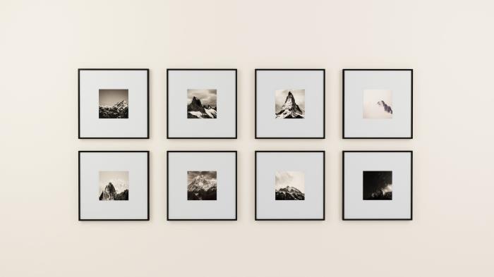 förvandla ett foto till en inramad svartvitt affisch, ett minimalistiskt vägggalleri som består av flera svartvita fotoramar