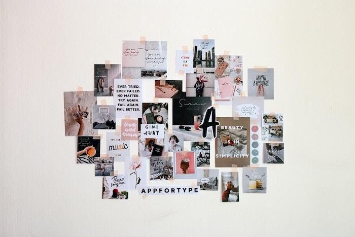 väggdekoration med foton och andra dekorativa föremål och originalbilder i tumblrstil