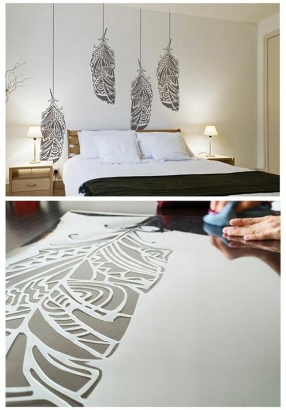 ritning av stora hängande löv, plattformssäng, sängbord med lampskärmar