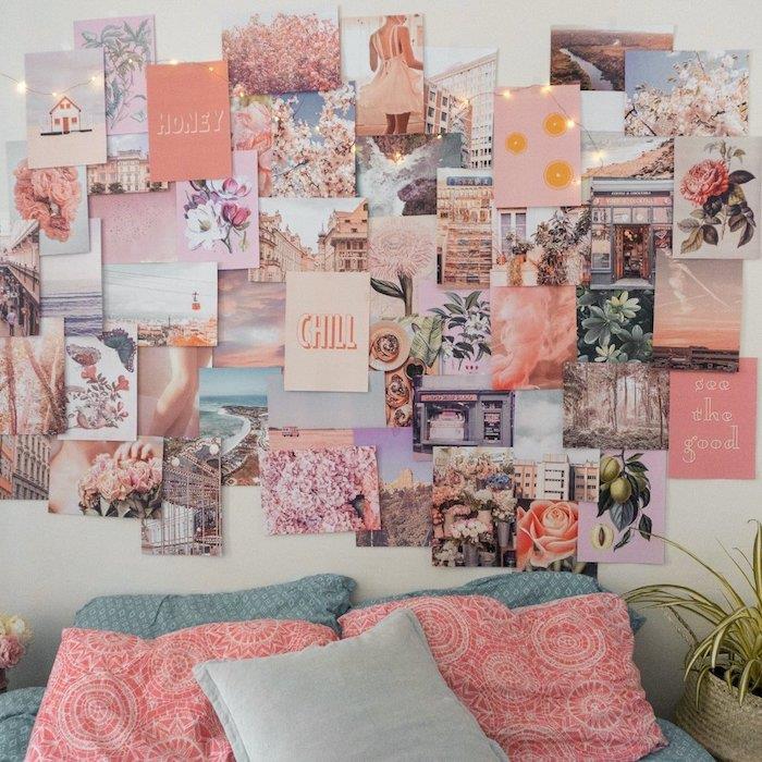Rosa persika på väggen bohemisk stil sovrum tumblr inspiration, kreativ idé att måla för att motivera dig själv att göra något