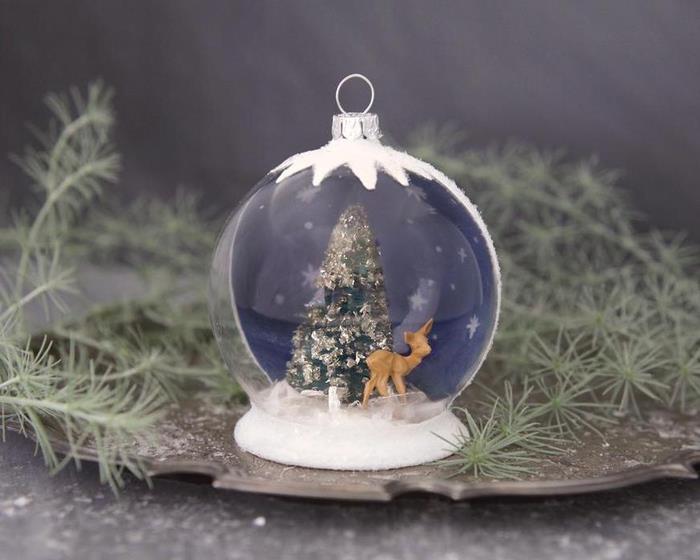 ručne vyrábaná vianočná dekorácia, ktorá predstavuje polopriehľadnú snehovú guľu so snehovou farbou a vianočnými figúrkami na celom svete